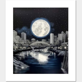 Full Sturgeon Moon Over the City of Roses (Portland Oregon) on a Dark Background Posters and Art